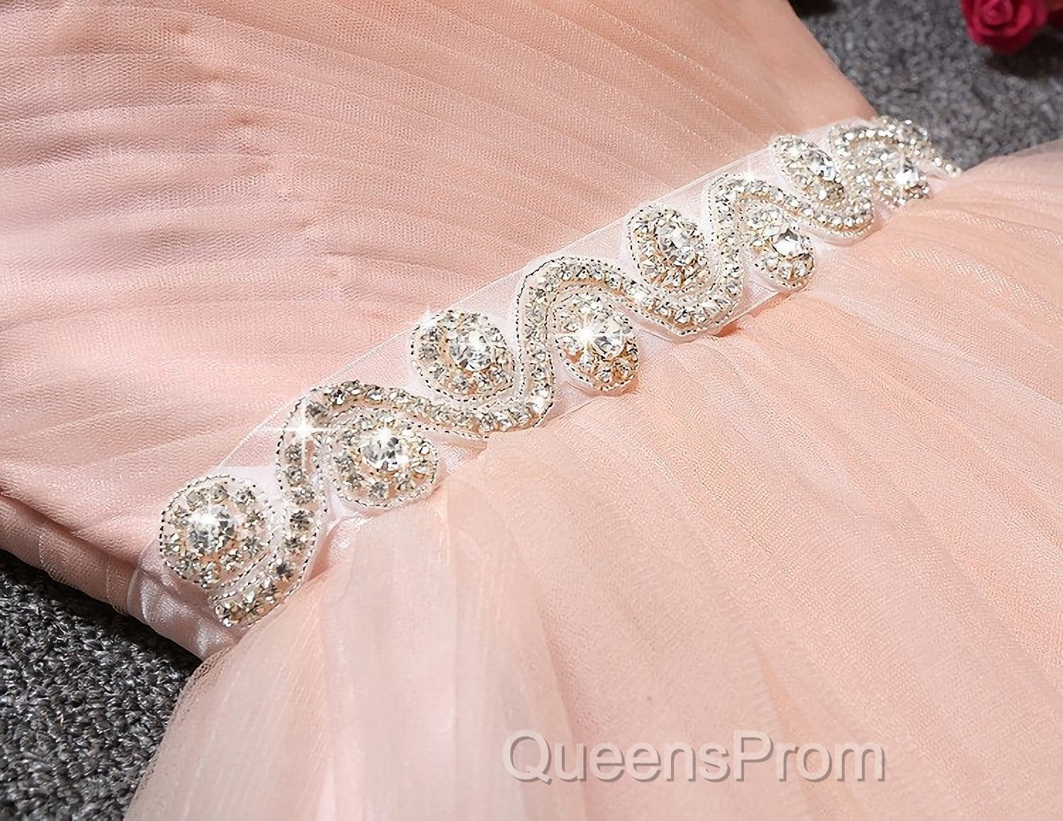 Strapless Blush Pink Tulle Short With Sash Sweet 16 Cute Evening Prom Dress