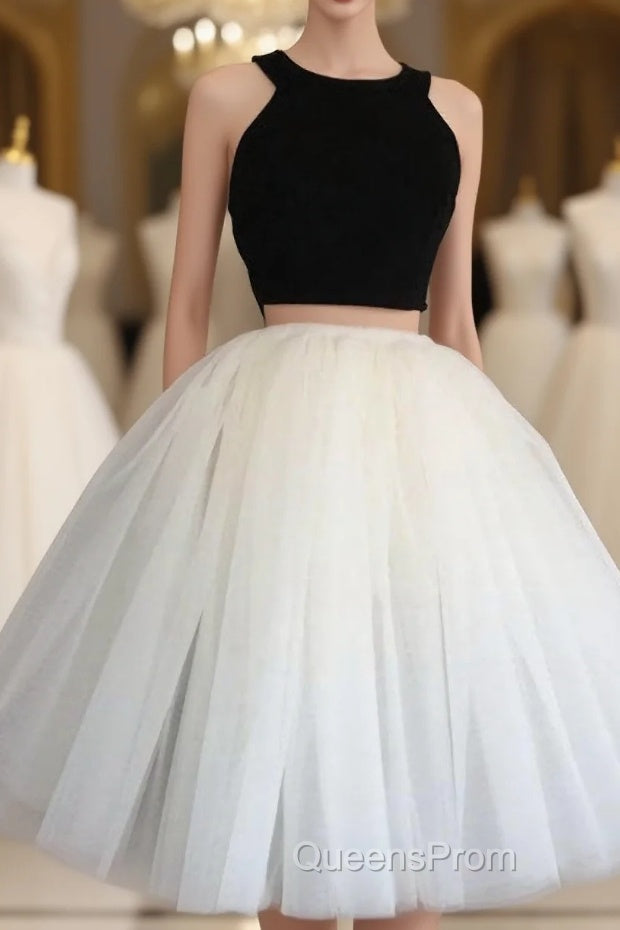 Two Piece Halter Knee Length Short Sleeveless Black Ivory Tulle Homecoming Dress Main image