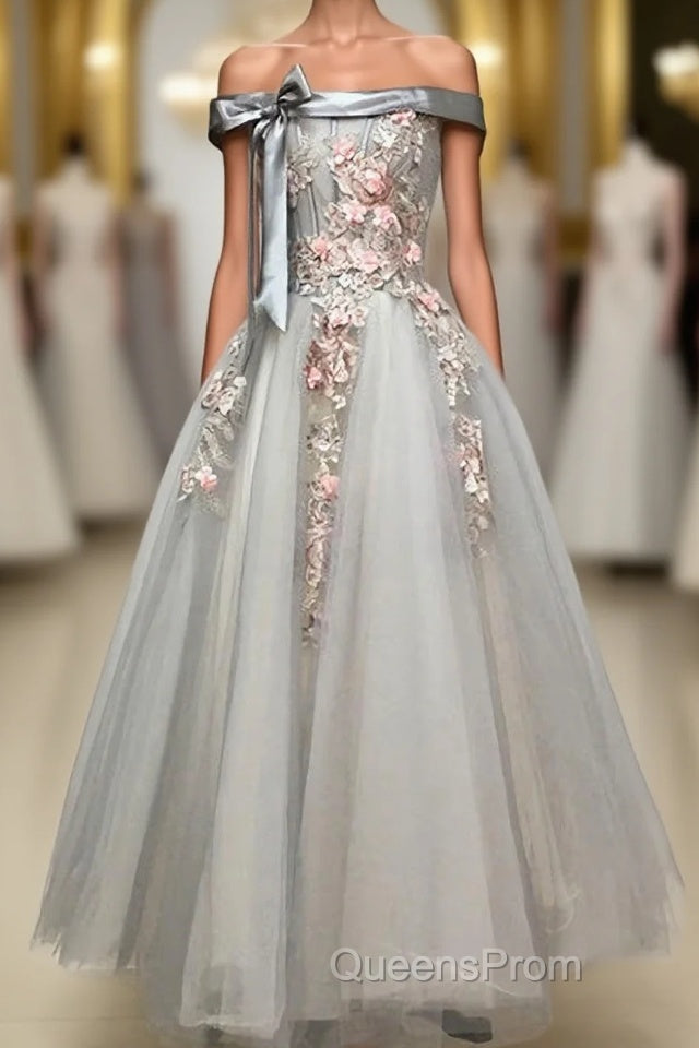 Light Grey Tulle Off Shoulder Flower Lace A Line Evening Prom Dress