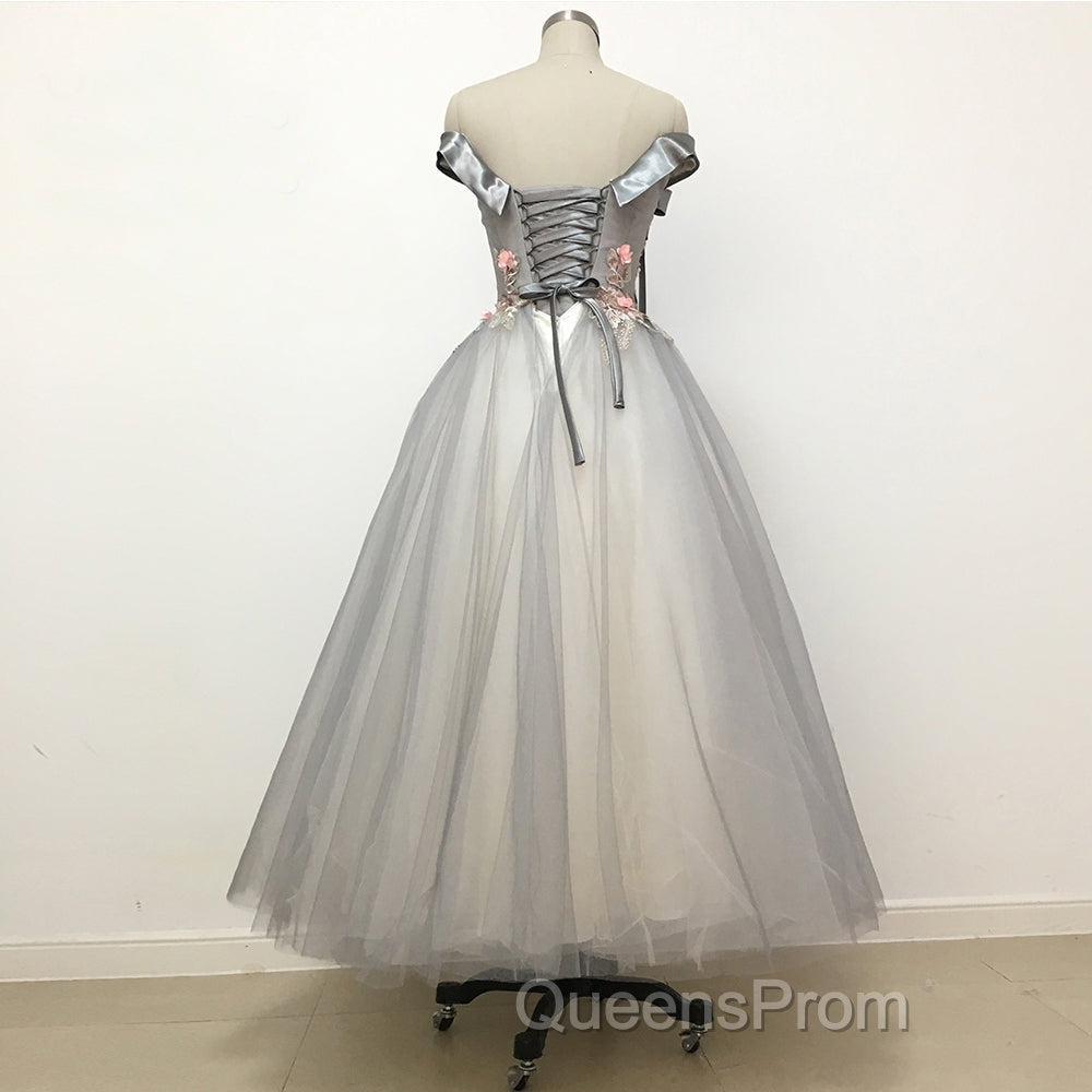 Light Grey Tulle Off Shoulder Flower Lace A Line Evening Prom Dress Secondary image