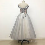 Light Grey Tulle Off Shoulder Flower Lace A Line Evening Prom Dress