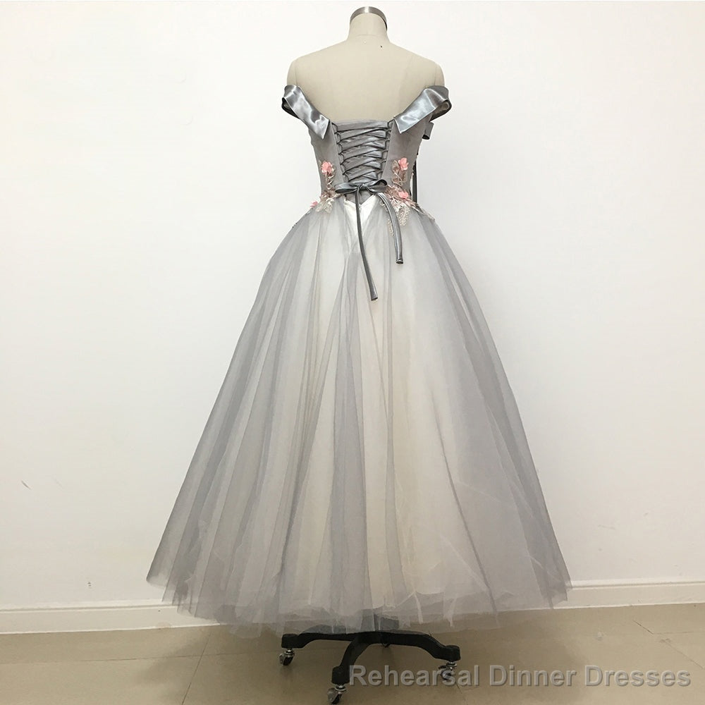 Light Grey Tulle Off Shoulder Flower Lace A Line Prom Dresses Secondary image
