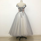 Light Grey Tulle Off Shoulder Flower Lace A Line Prom Dresses