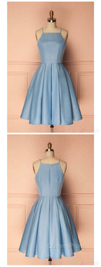 Sky Blue A Line Satin Blue Spaghetti Straps Short Evening Prom Dress