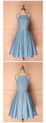 Sky Blue A Line Satin Blue Spaghetti Straps Short Evening Prom Dress