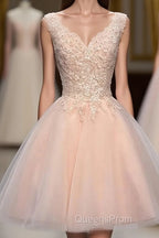 Princess V Neck Tulle Short Mini Appliques Lace Sweet Evening Prom Dress