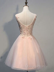 Princess V Neck Tulle Short Mini Appliques Lace Sweet Evening Prom Dress