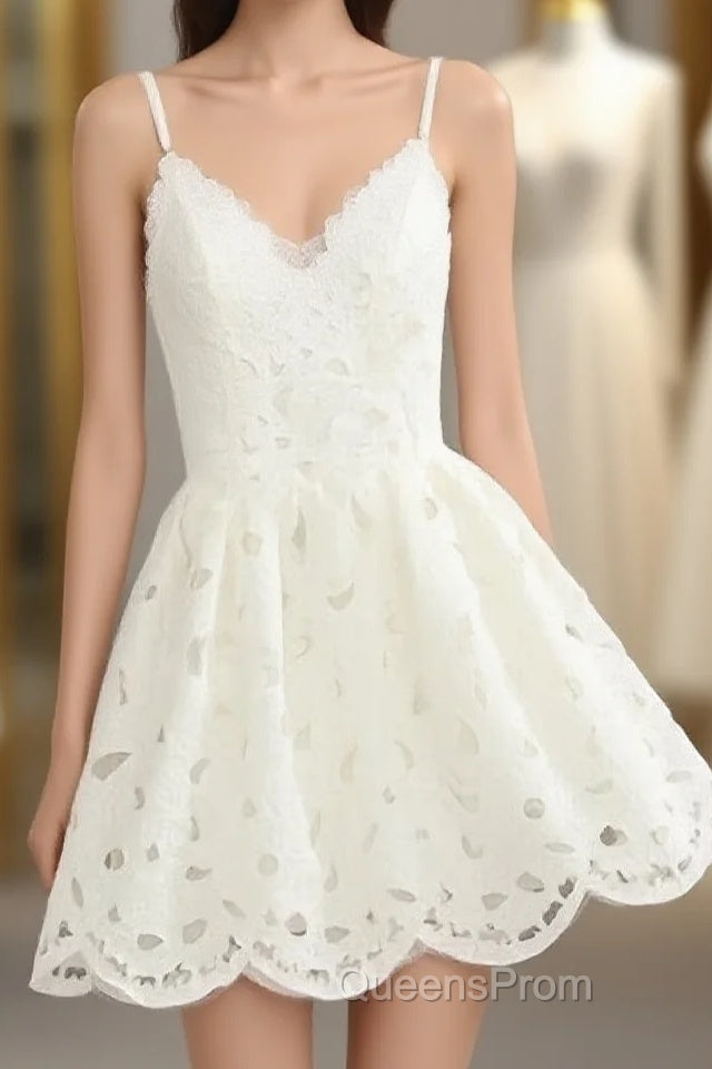 Cute White Lace Short Lace Spaghetti Straps Evening Prom Dress Main image