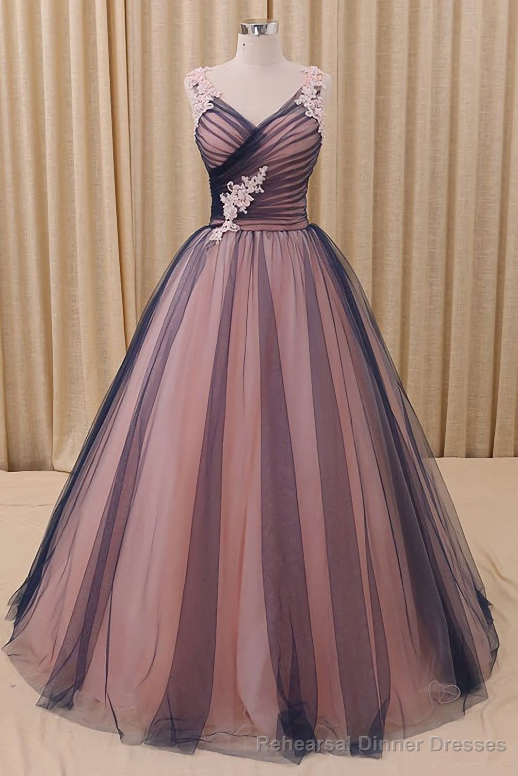 Charming A Line V Neck Navy Blue Princess Tulle Prom Dresses Main image