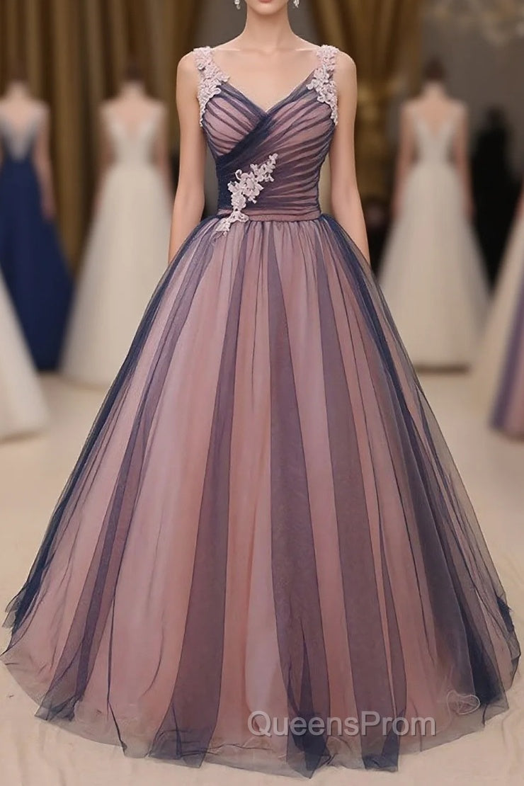 Charming A Line V Neck Navy Blue Princess Tulle Evening Prom Dress Main image