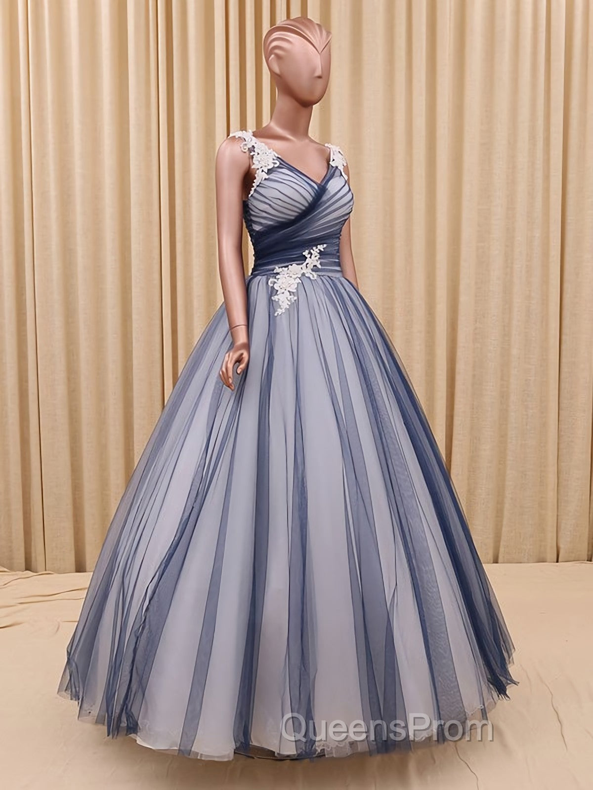 Charming A Line V Neck Navy Blue Princess Tulle Evening Prom Dress Secondary image