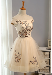 Cap Sleeves Embroidery Tulle Short A Line Prom Dresses