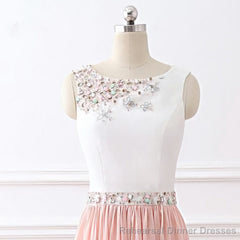Chic A Line Chiffon Pink Beading Long Sleeveless Prom Dresses