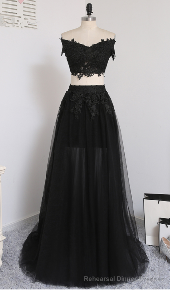 Two Pieces A-line V-neck Cap Sleeves Tulle Lace Slit Long Women Prom Dresses Prom Evening Gown Main image