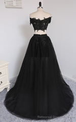 Two Pieces A-line V-neck Cap Sleeves Tulle Lace Slit Long Women Prom Dresses Prom Evening Gown