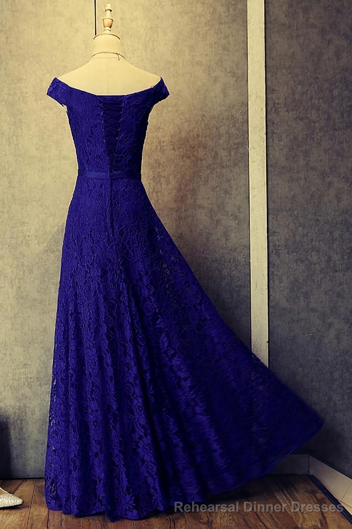 Royal Blue Lace Long Off Shoulder Prom Dresses Secondary image