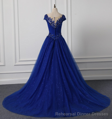 Long Neck Appliqued Wedding Dress Royal Blue Wedding Party Dresses
