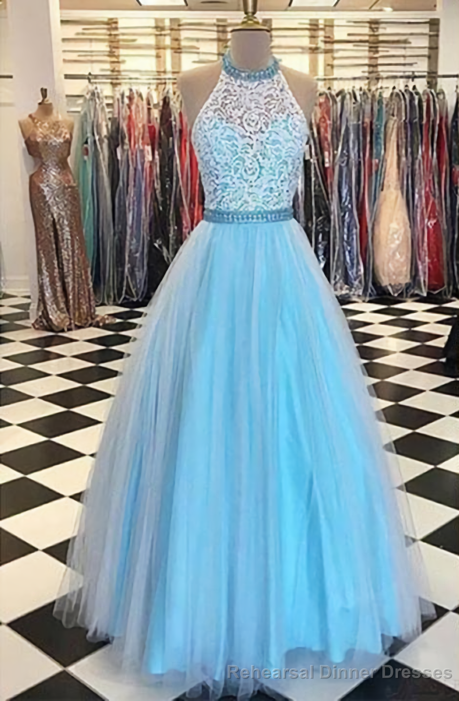 Prety Halter Long Lace Tulle Beding Light Blue For Teens Elegant Prom Dresses Main image