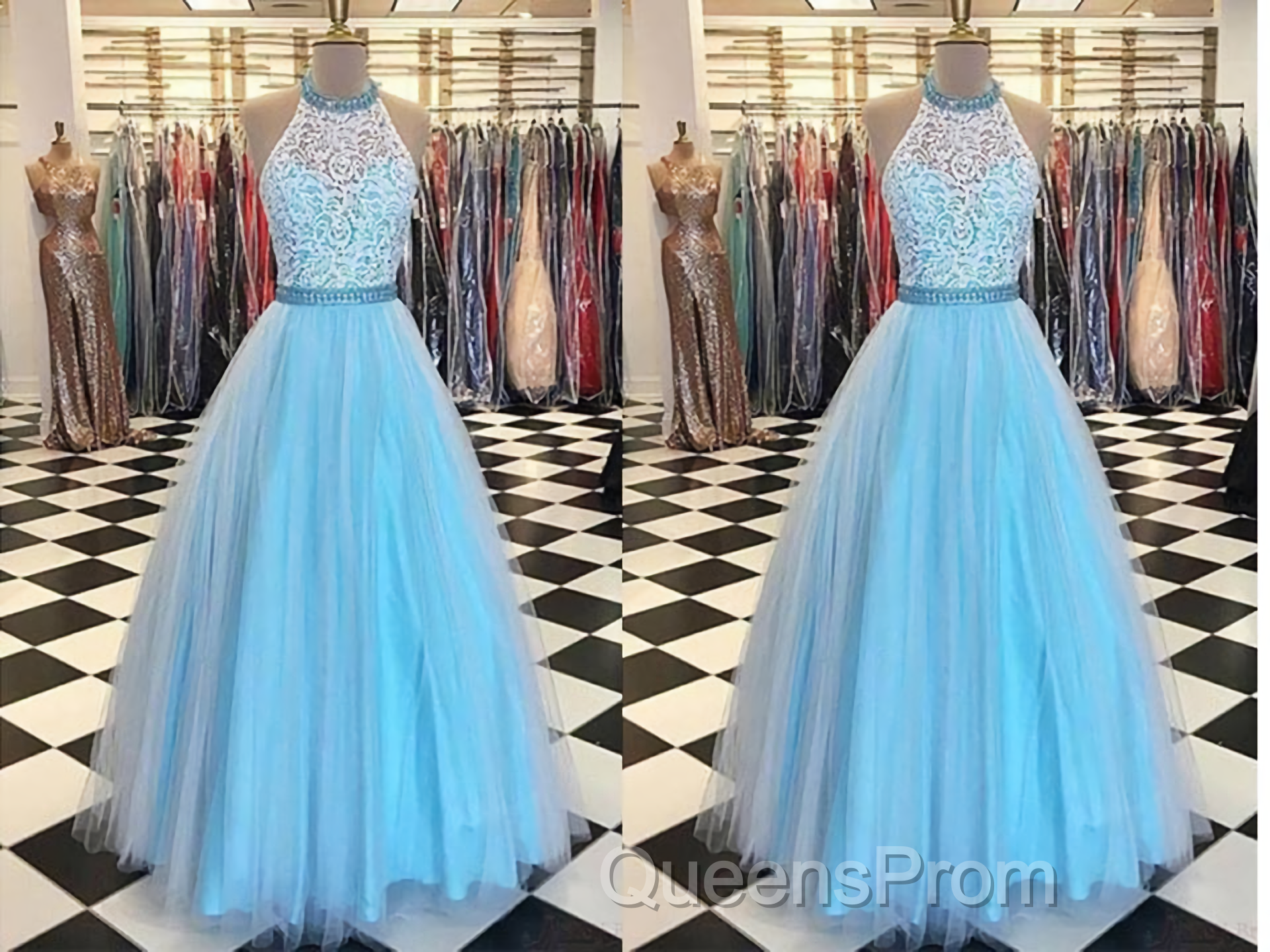 Prety Halter Long Lace Tulle Beding Light Blue For Teens Elegant Evening Prom Dress