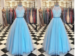 Prety Halter Long Lace Tulle Beding Light Blue For Teens Elegant Evening Prom Dress