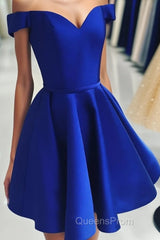 A Line Off The Shoulder V Neck Cheap Royal Blue Short Knee Length Taffeta Dc07 Evening Prom Dress