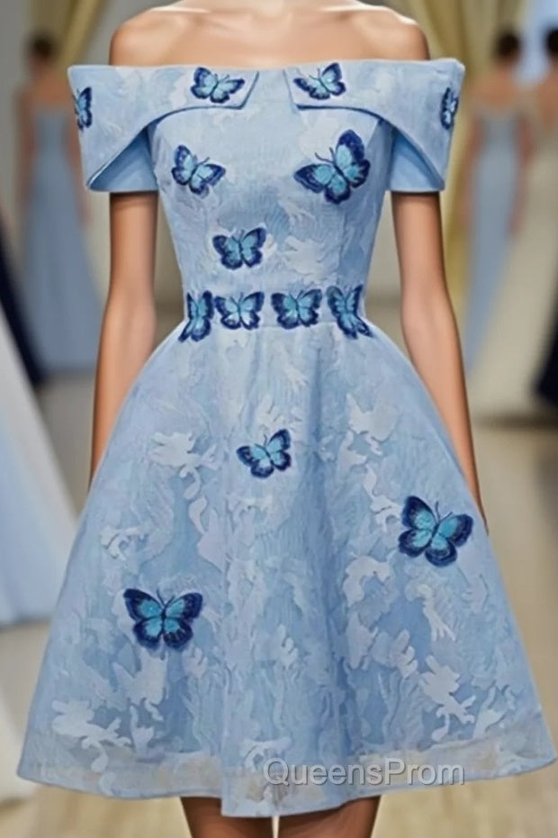 Sky Blue Off Shoulder Lace Short Lace With Butterfly Appliques A Line Off The Shoulder Dc51 Evening Prom Dress Main image