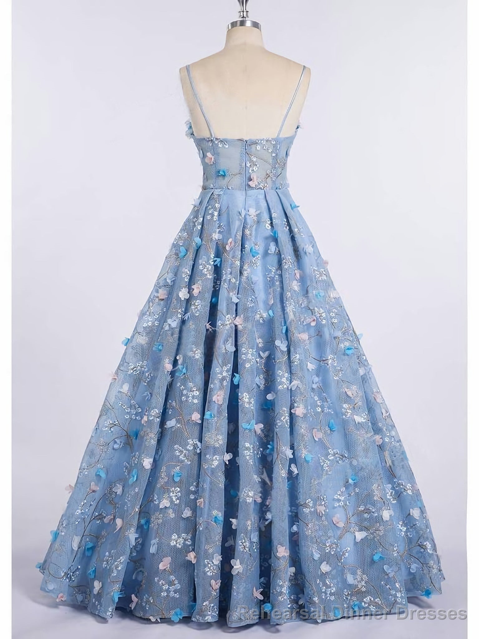 Princess Spaghetti Strap 3D Flower Applique Sky Blue Prom Dresses Secondary image