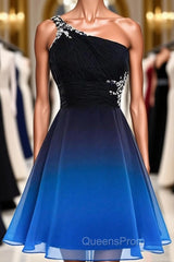 A Line Ombre Blue And Black One Shoulder Short Dc289 Evening Prom Dress