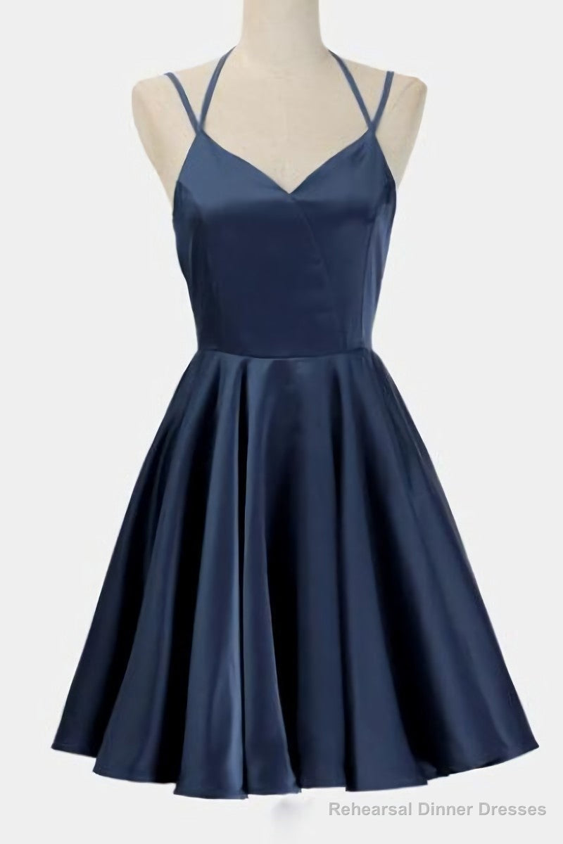 A Line Dark Blue Satin V Neck Short Sleeveless Backless Prom Dresses Main image