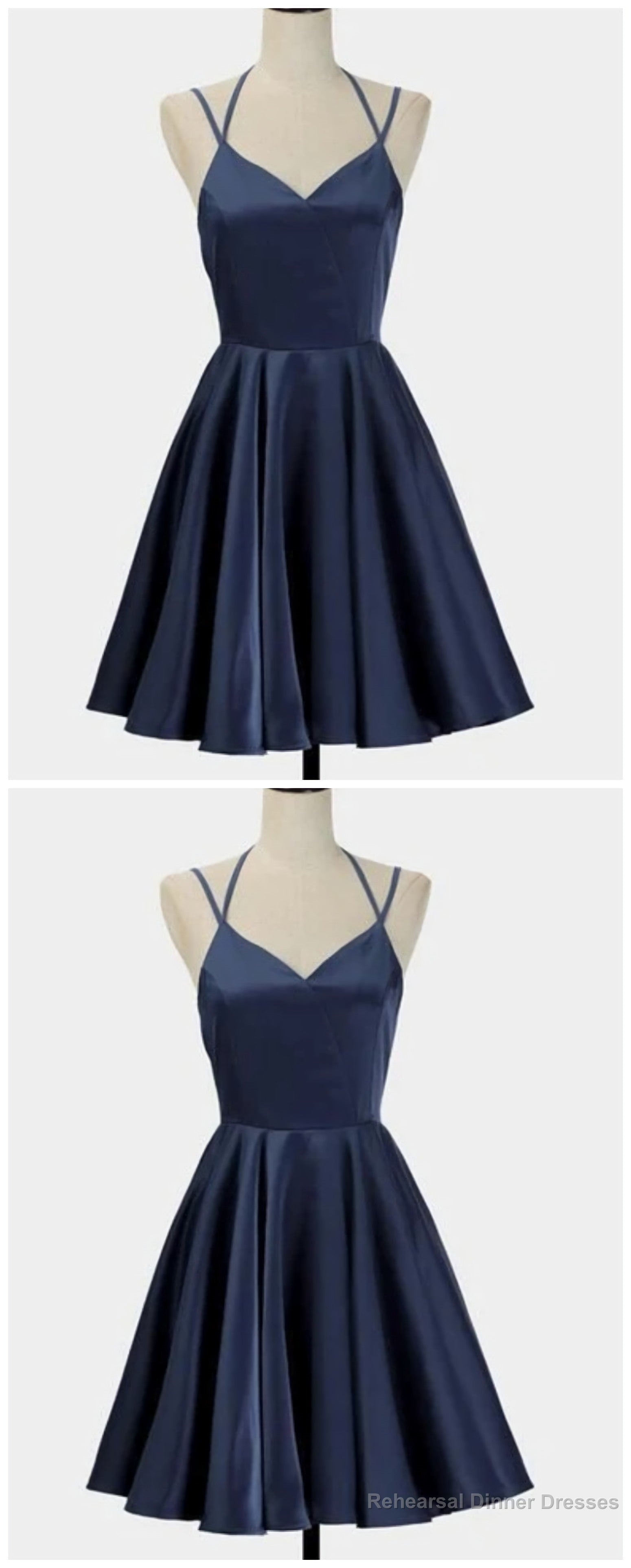 Spark Queen Simple Short Blue Sleeveless V Neck Mini Evening Dress, Women Dress, Satin Ruffles Spaghetti Straps Homecoming Dress Secondary image