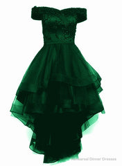 Green Tulle Cute High Low Off Shoulder Prom Dresses