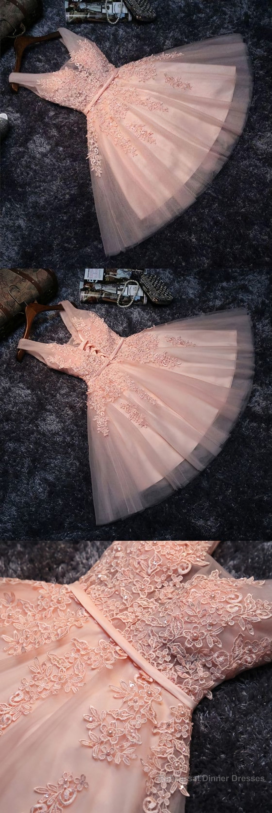 Princess V Neck Lace Appliques Beaded Short Prom Dress, Homecoming Dresses Main image