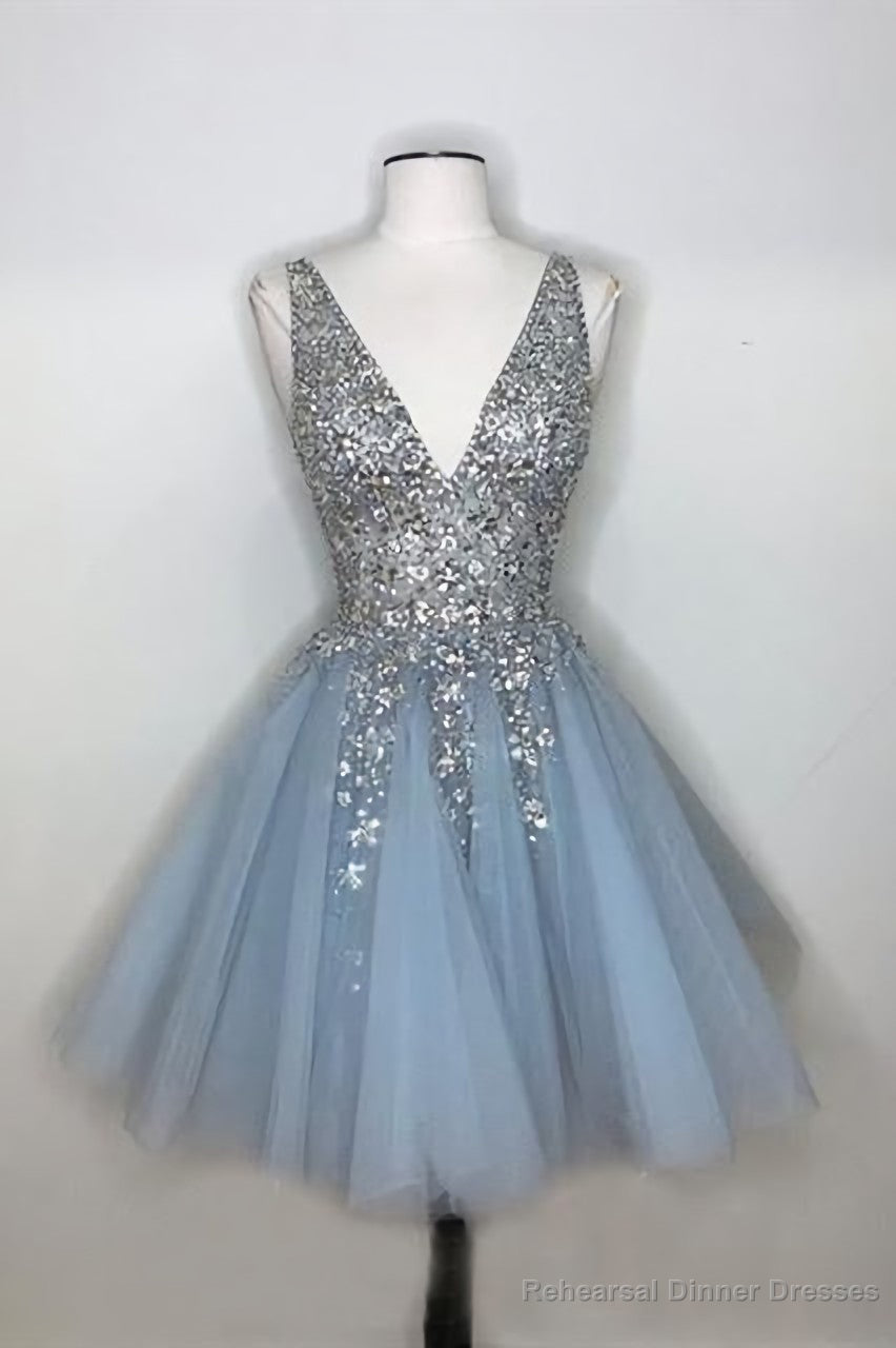 Sparkly A-line Deep V-neck Light Blue Short Homecoming Dresses Main image