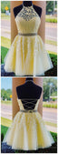 Charming A-Line Halter Cross Back Yellow Tulle Short with Appliques Homecoming Dresses