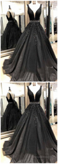 Black Appliques Prom Dress With Beaded Waist A Line Tulle Long Graduation Dresses