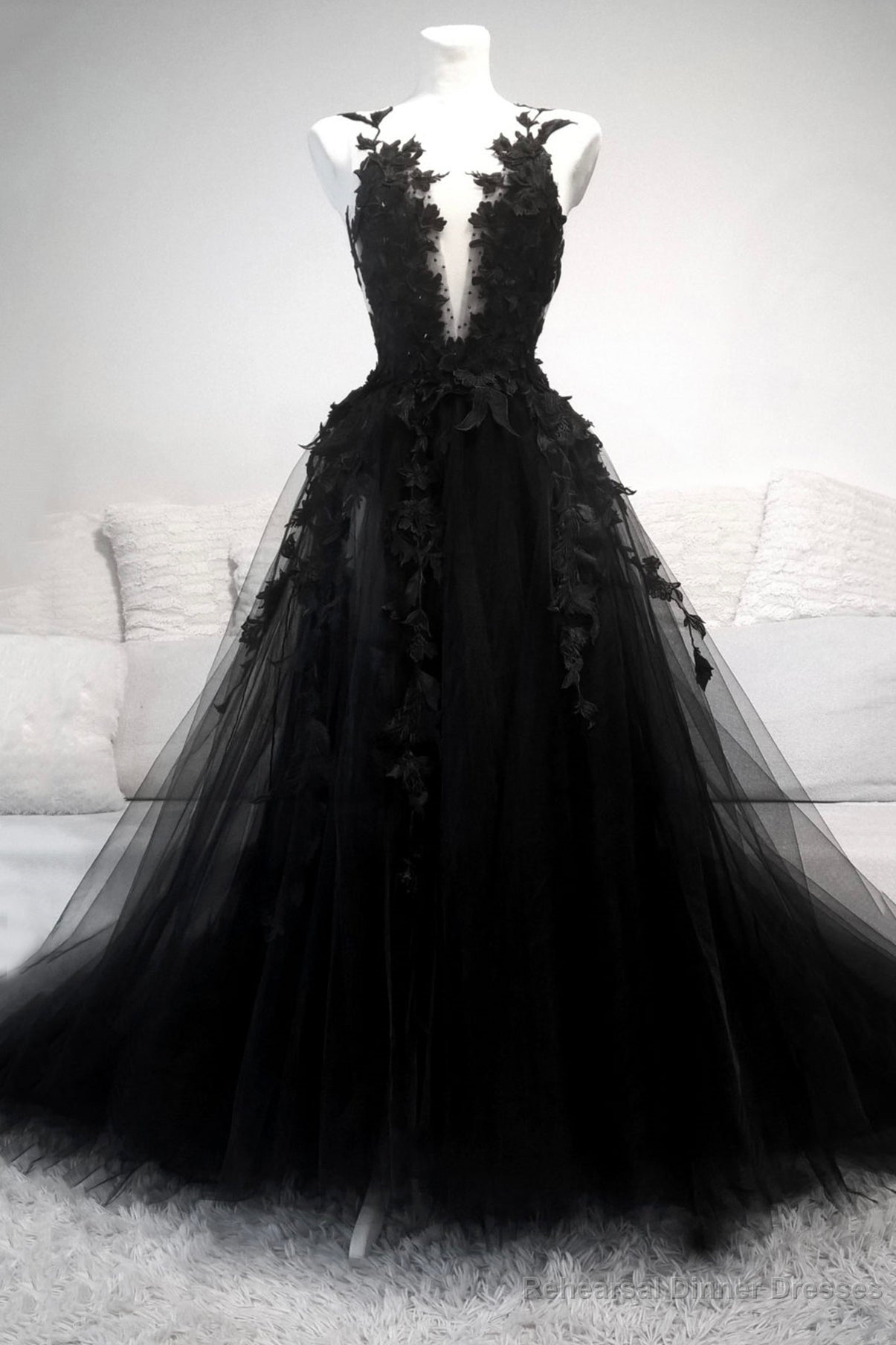 Black Tulle Long Prom Dresses, A-Line Lace Evening Party Dresses Main image