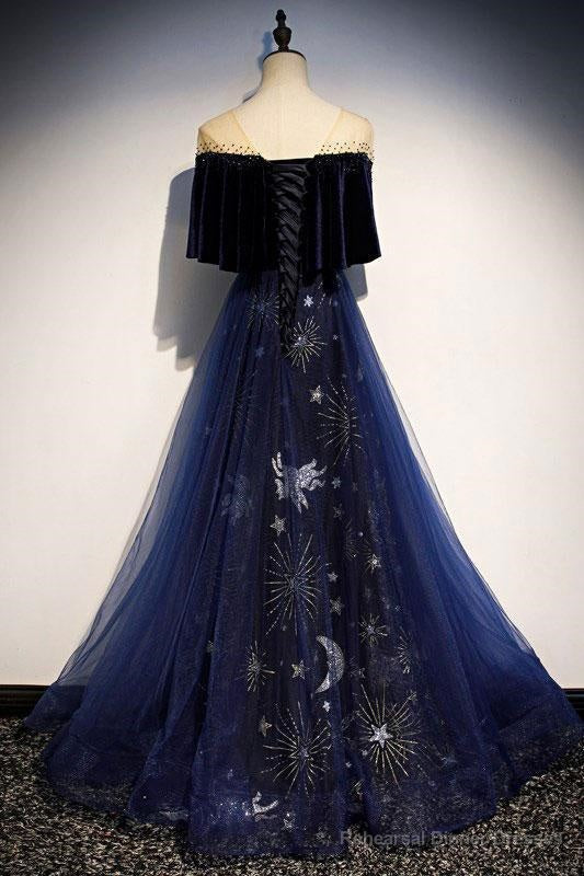 Blue Tulle With Velvet Long Party Dress, A Line Off Shoulder Formal Dress, Prom Dress Secondary image