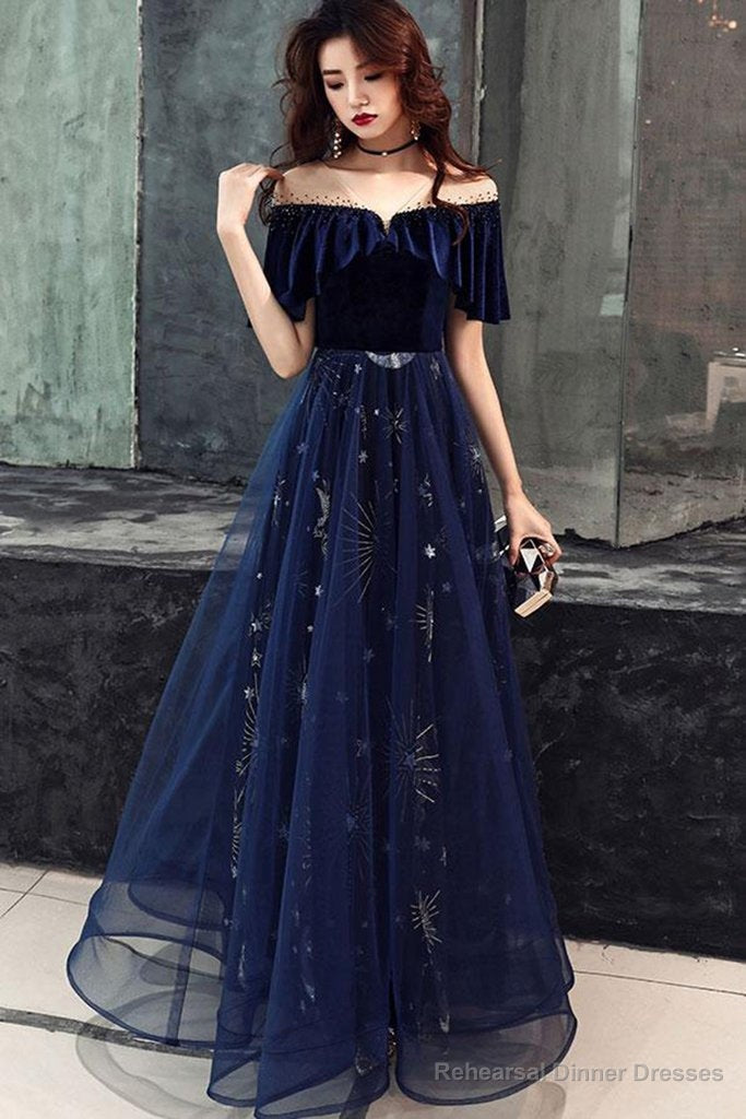Blue Tulle With Velvet Long Party Dress, A Line Off Shoulder Formal Dress, Prom Dress Main image