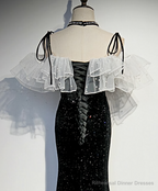 Black Mermaid Sequins Spaghetti Straps Pearls Prom Dresses