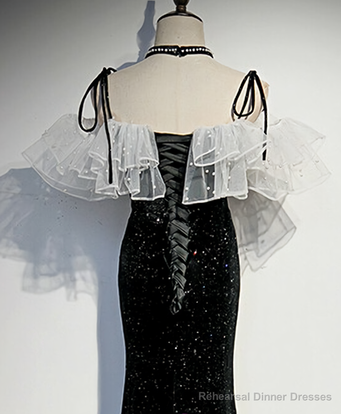 Black Mermaid Sequins Spaghetti Straps Pearls Prom Dresses