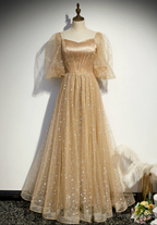 Tulle Embroidery Puff Sleeve Prom Dresses
