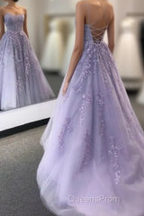 Lavender Backless Tulle Lace Long Evening Prom Dress