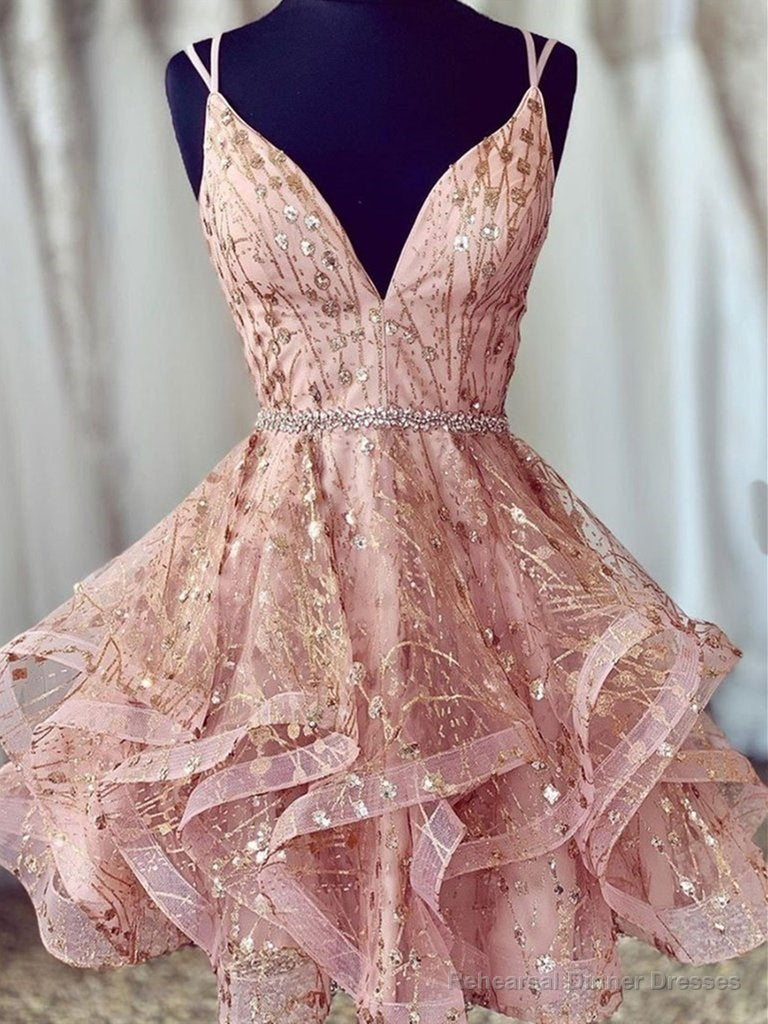 A Line V Neck Short Lace Prom Dresses, Cross Back Short Champagne Lace Formal Homecoming Dresses Main image