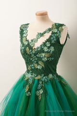 Unique V Neck Green Tulle Lace Short Prom Dress, Green Homecoming Dress