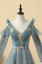 Appliques A-Line Tulle Long Bishop V-Ncek Evening Dresses