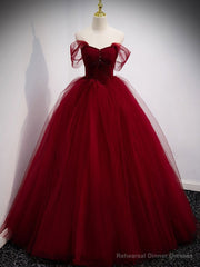 Burgundy Sweetheart Tulle Long Prom Dress, Burgundy Evening Dress