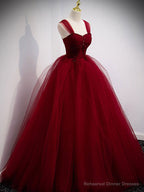 Burgundy Sweetheart Tulle Long Prom Dress, Burgundy Evening Dress