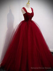 Burgundy Sweetheart Tulle Long Prom Dress, Burgundy Evening Dress
