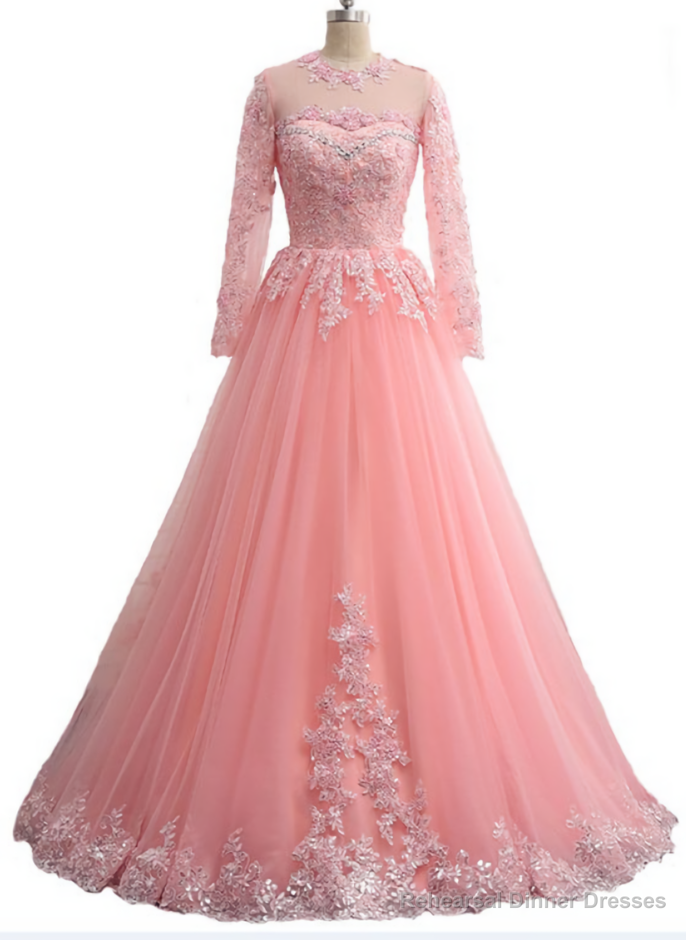 of Appliques long neck O a line long veils Evening Dresses Main image