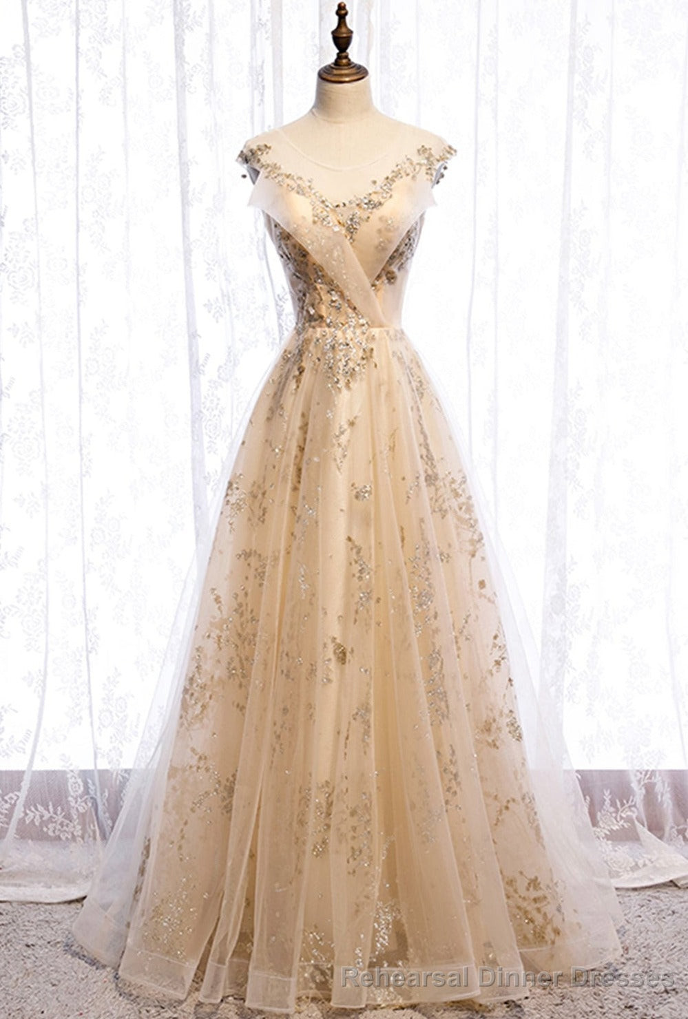 Champagne Tulle Sequins Long Prom Dress Evening Gown Main image
